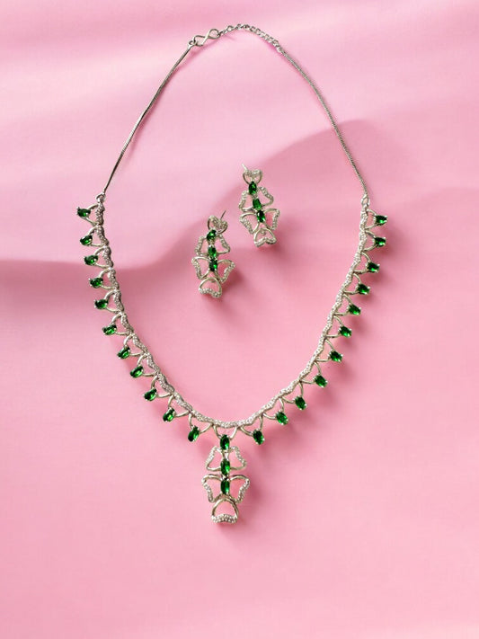 Emerald Green Rhodium Plated Cubic Zircon Necklace Set