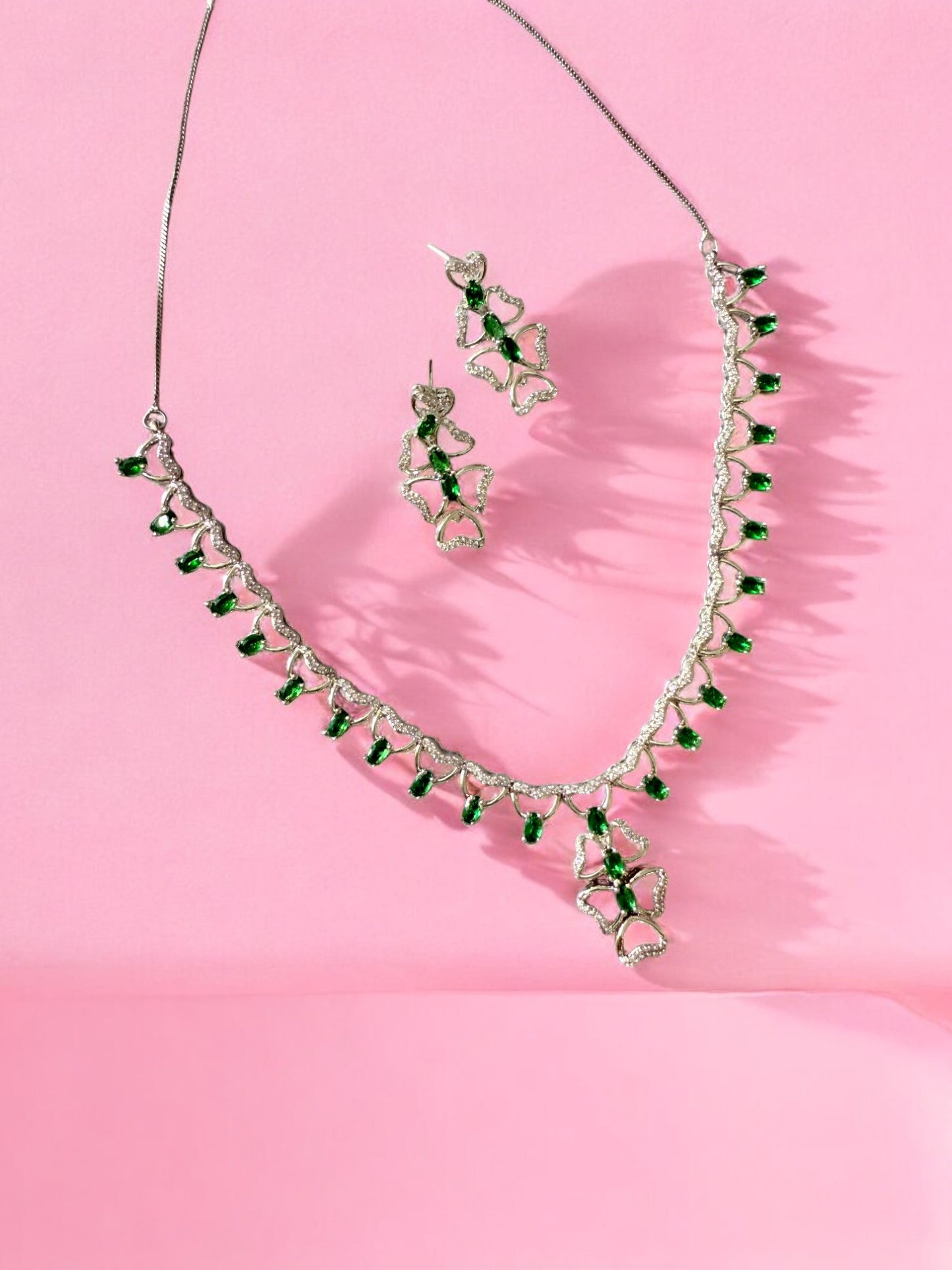 Emerald Green Rhodium Plated Cubic Zircon Necklace Set