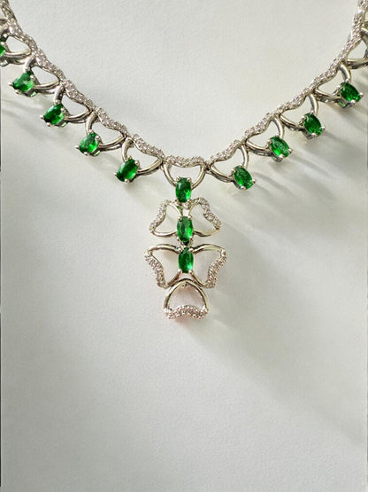 Emerald Green Rhodium Plated Cubic Zircon Necklace Set