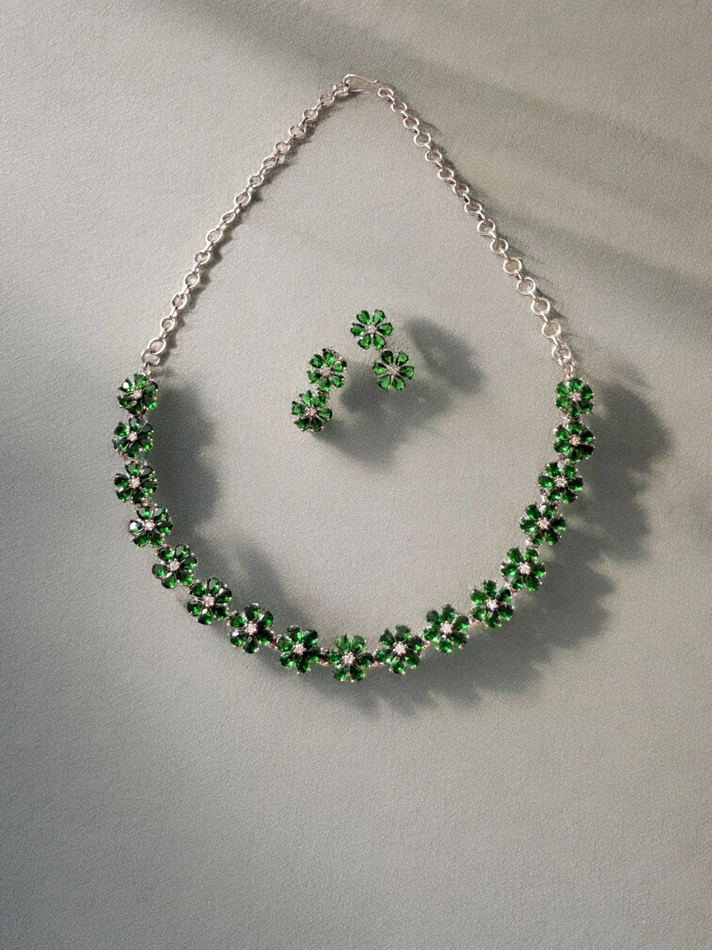 Emerald Green Rhodium Plated Cubic Zircon Necklace Set