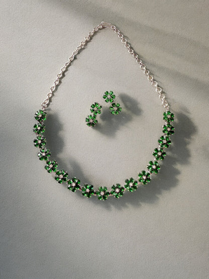 Emerald Green Rhodium Plated Cubic Zircon Necklace Set