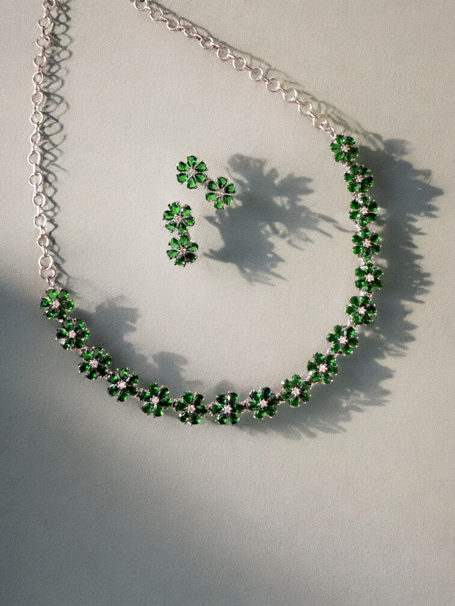 Emerald Green Rhodium Plated Cubic Zircon Necklace Set