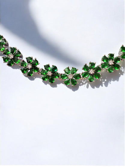 Emerald Green Rhodium Plated Cubic Zircon Necklace Set