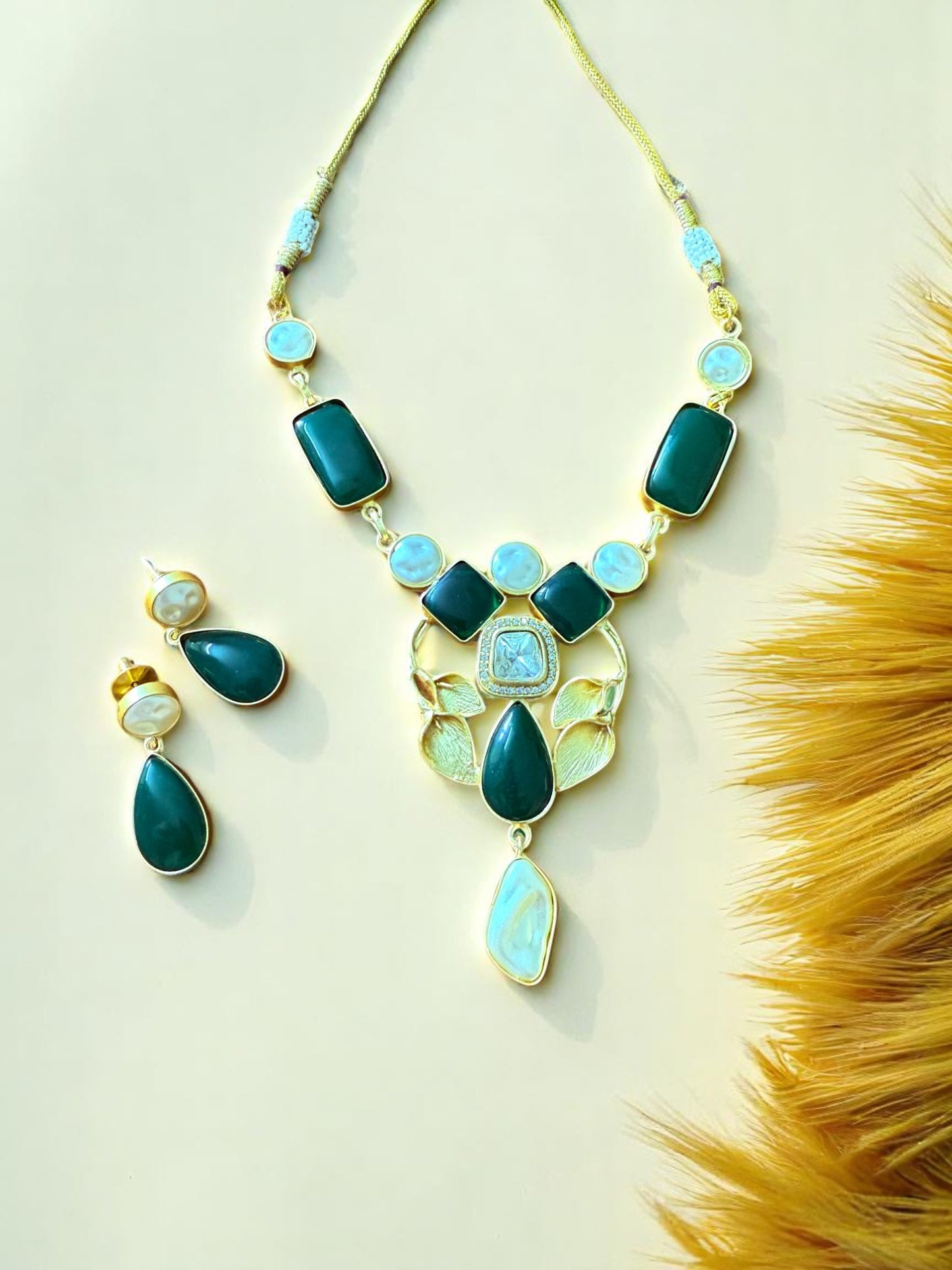 Emerald Green Petal Necklace Set with Green Onyx and Mother of Pearl