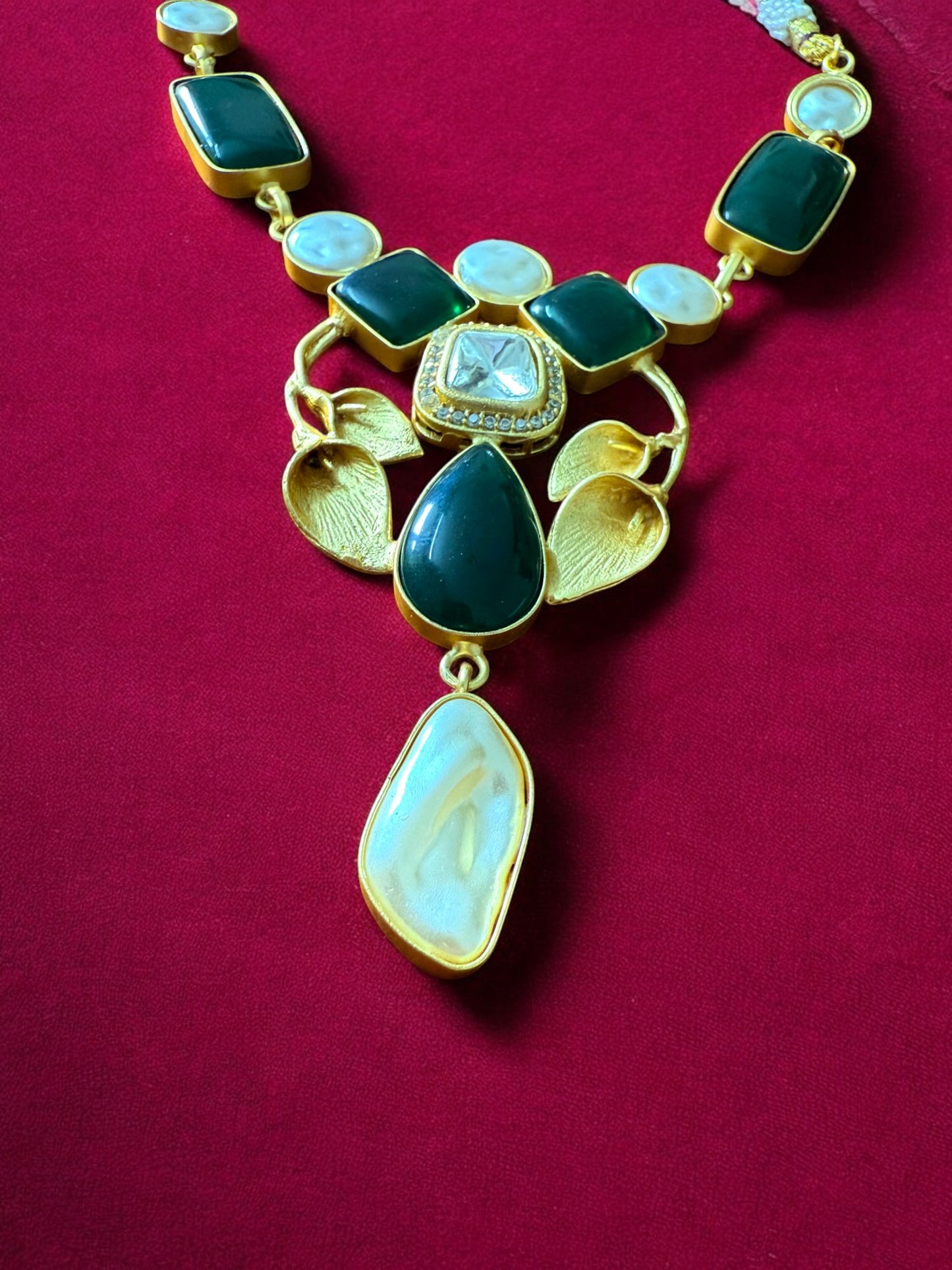 Emerald Green Petal Necklace Set with Green Onyx and Mother of Pearl