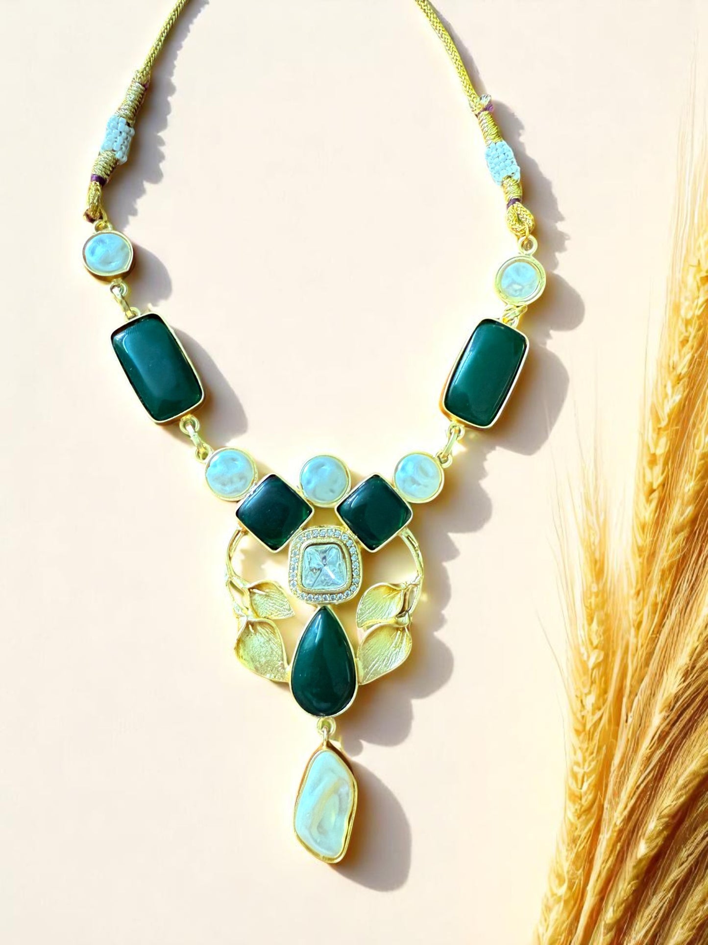 Emerald Green Petal Necklace Set with Green Onyx and Mother of Pearl