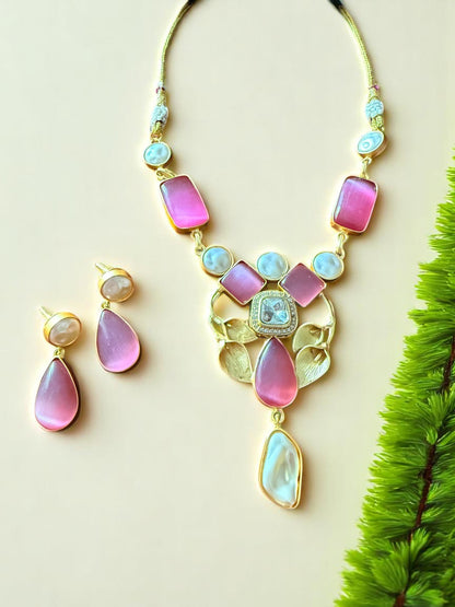 Pink Petal Necklace Set with Green Onyx and Mother of Pearl