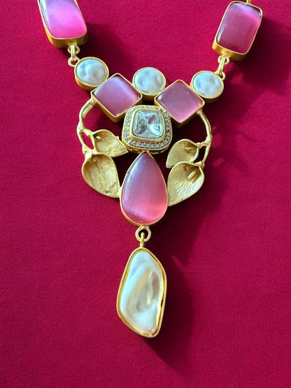 Pink Petal Necklace Set with Green Onyx and Mother of Pearl