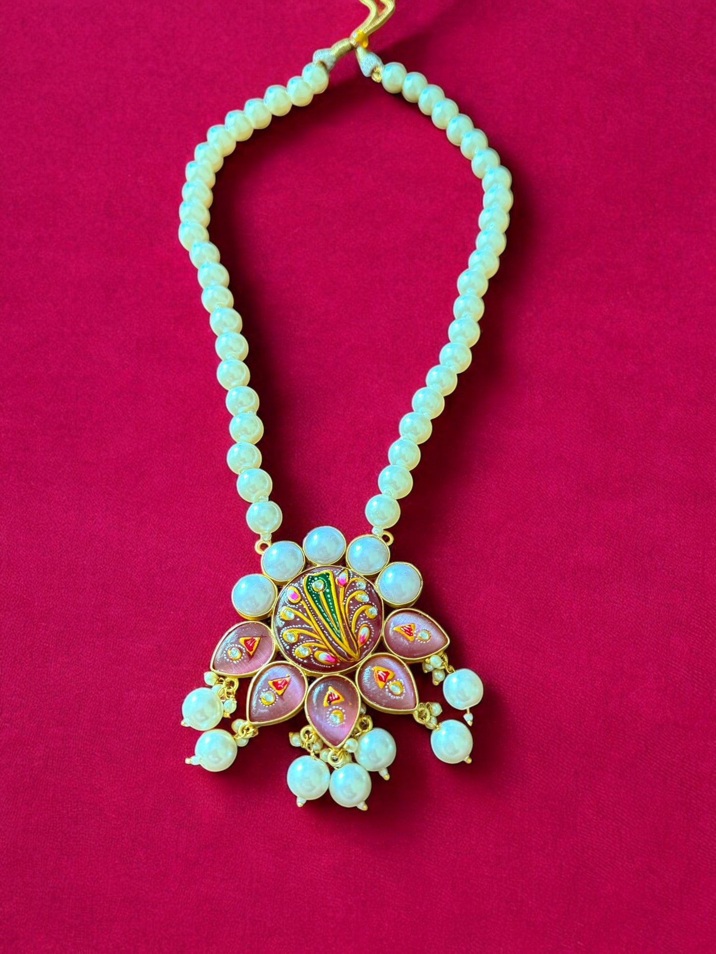 Handpainted Pink Stone Studded Pearl Necklace Set