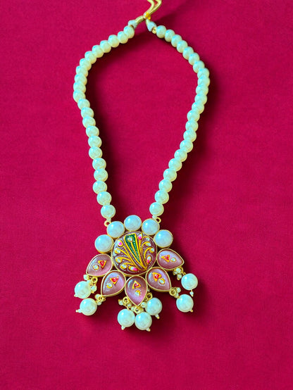 Handpainted Pink Stone Studded Pearl Necklace Set