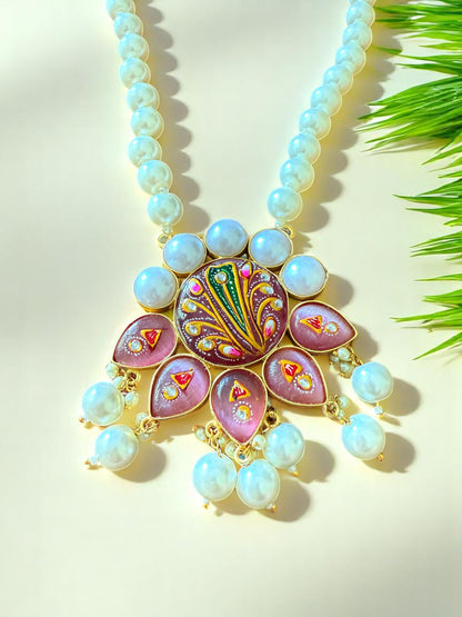 Handpainted Pink Stone Studded Pearl Necklace Set