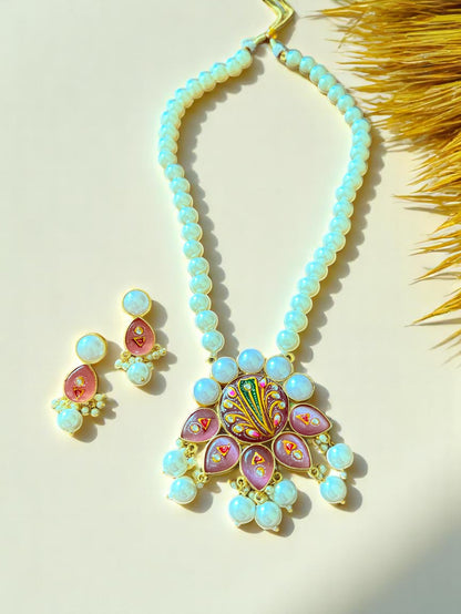 Handpainted Pink Stone Studded Pearl Necklace Set