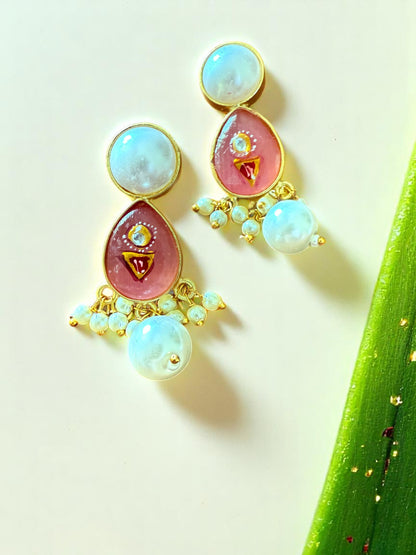 Handpainted Pink Stone Studded Pearl Necklace Set