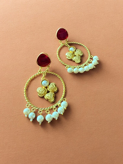 Moonlit Maroon Hoop Earrings with Pearl Beads