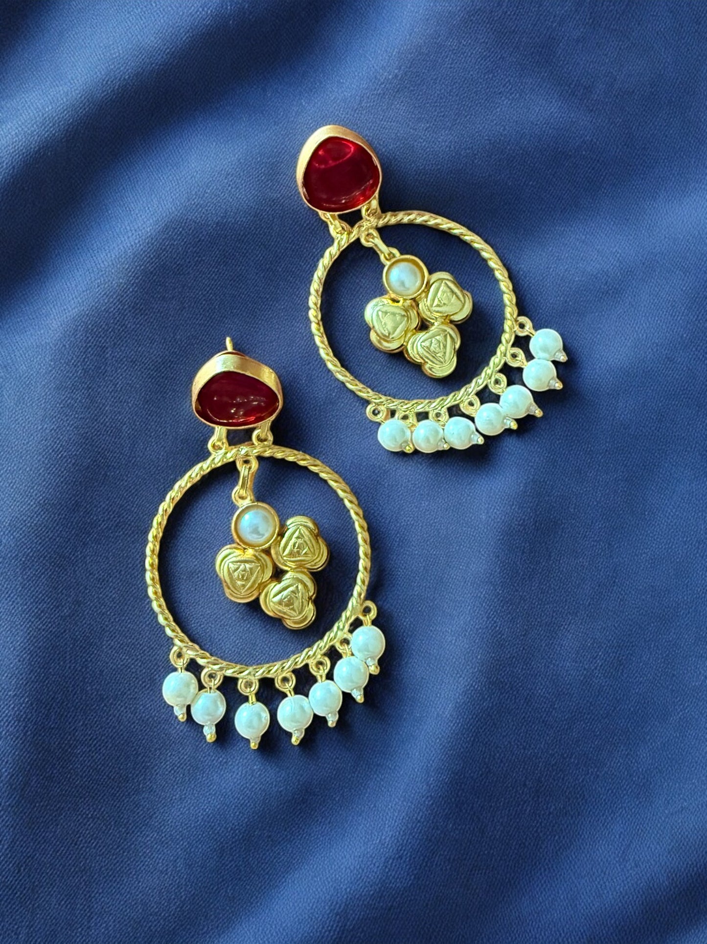 Moonlit Maroon Hoop Earrings with Pearl Beads