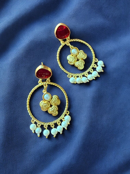 Moonlit Maroon Hoop Earrings with Pearl Beads