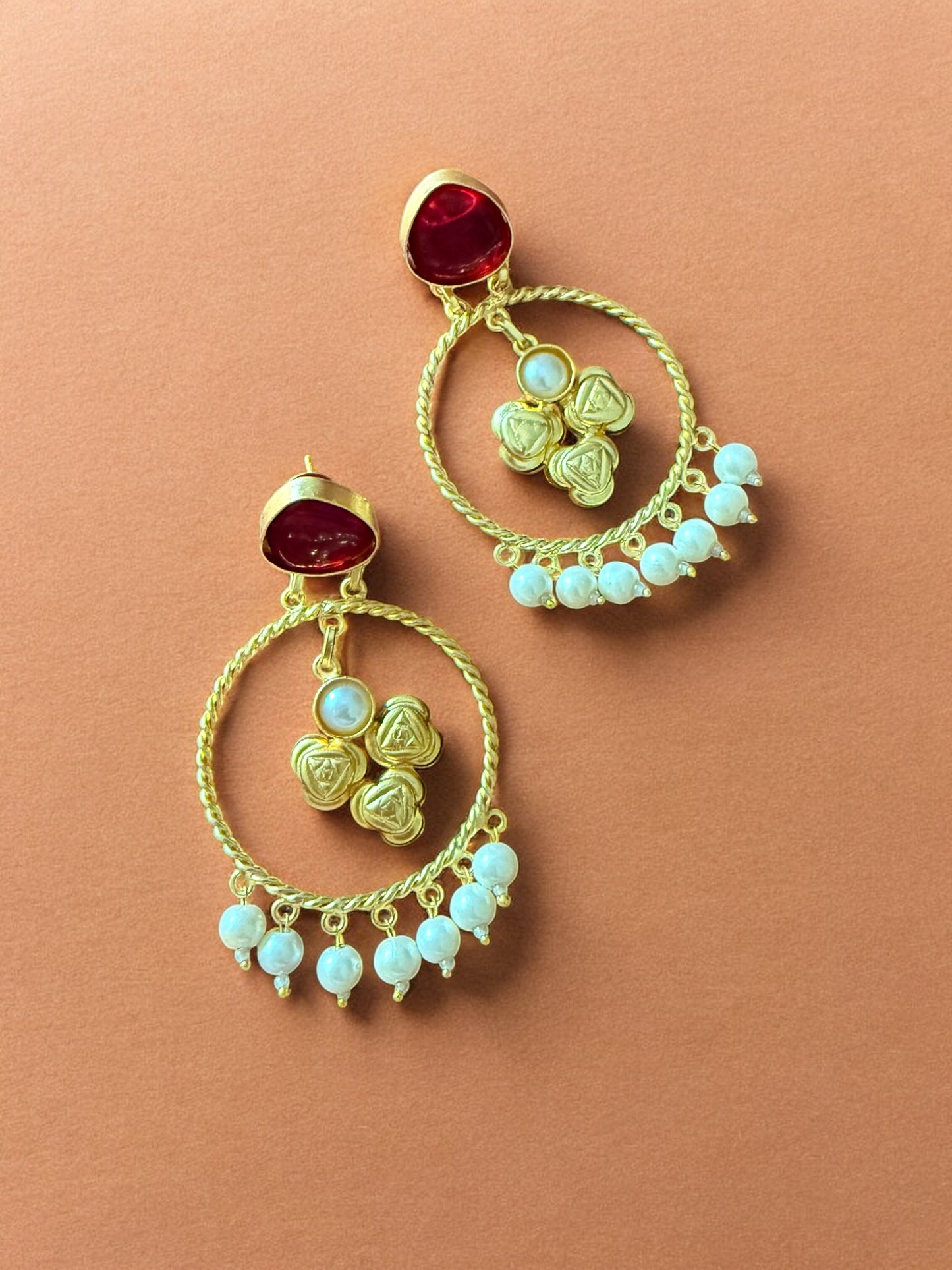 Moonlit Maroon Hoop Earrings with Pearl Beads