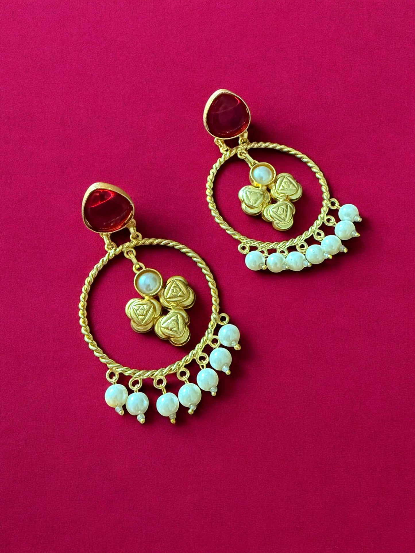 Moonlit Maroon Hoop Earrings with Pearl Beads