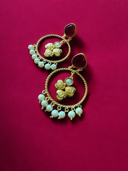 Moonlit Maroon Hoop Earrings with Pearl Beads