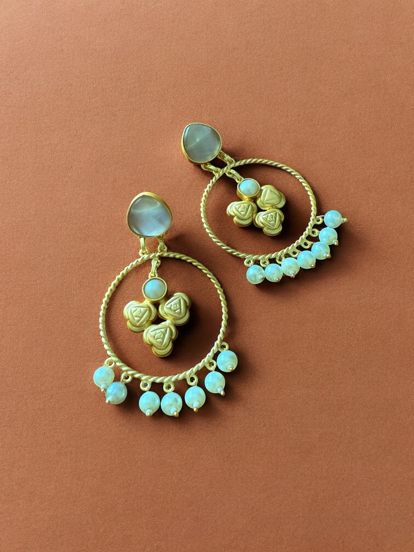 Moonlit Rose Hoop Earrings with Pearl Beads