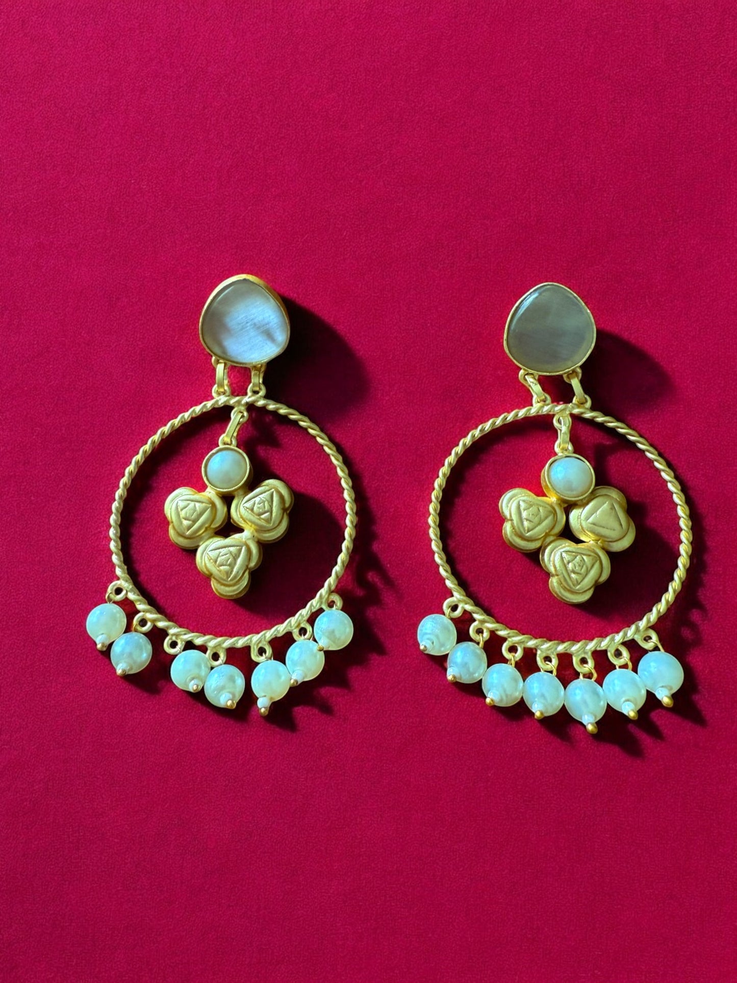 Moonlit Rose Hoop Earrings with Pearl Beads