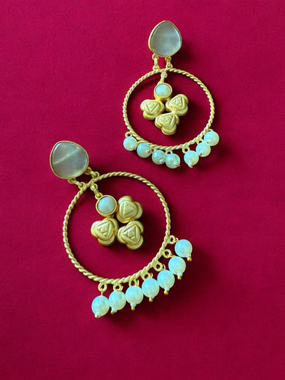 Moonlit Rose Hoop Earrings with Pearl Beads
