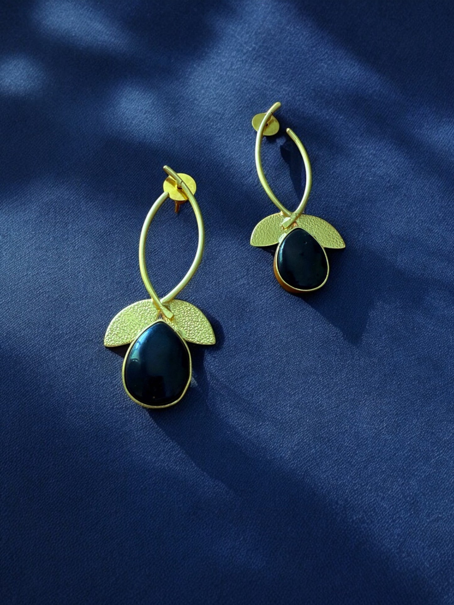 Midnight Black Teardrop Leaf Hoops