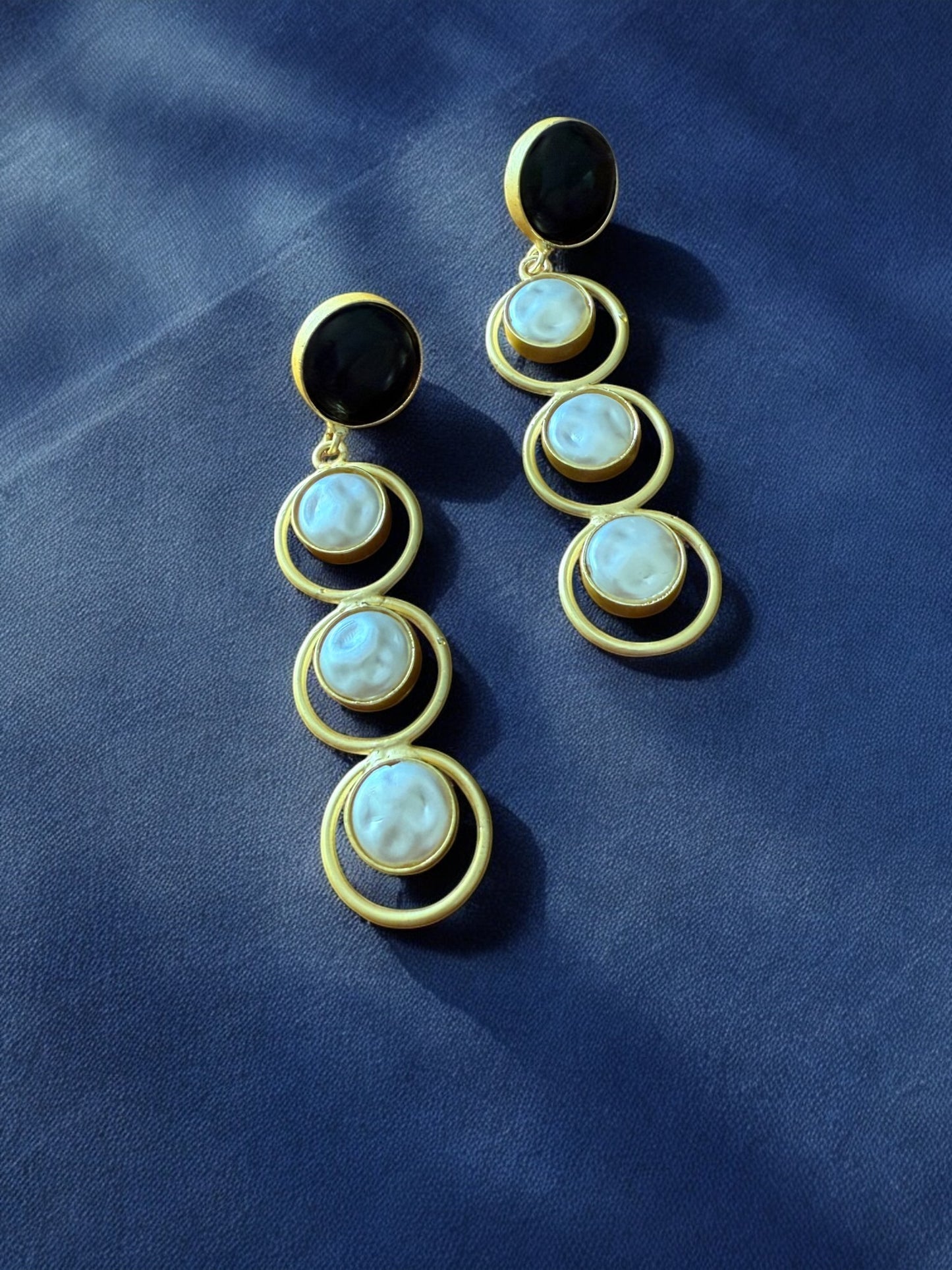 Midnight Black Halo Drop Earrings with Pearl Accents