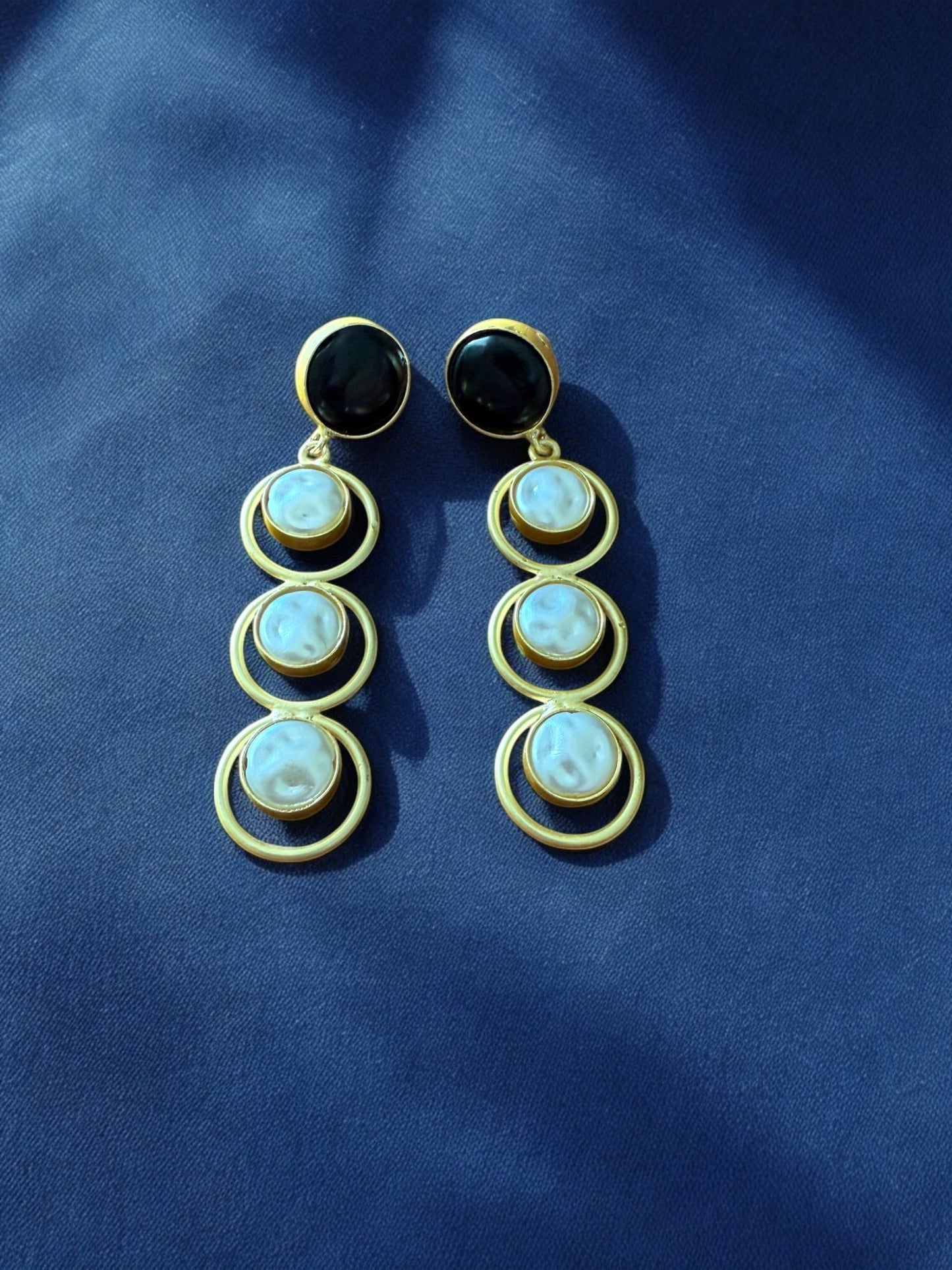 Midnight Black Halo Drop Earrings with Pearl Accents