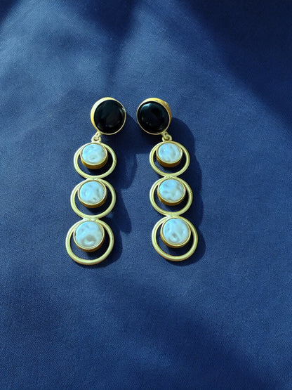Midnight Black Halo Drop Earrings with Pearl Accents