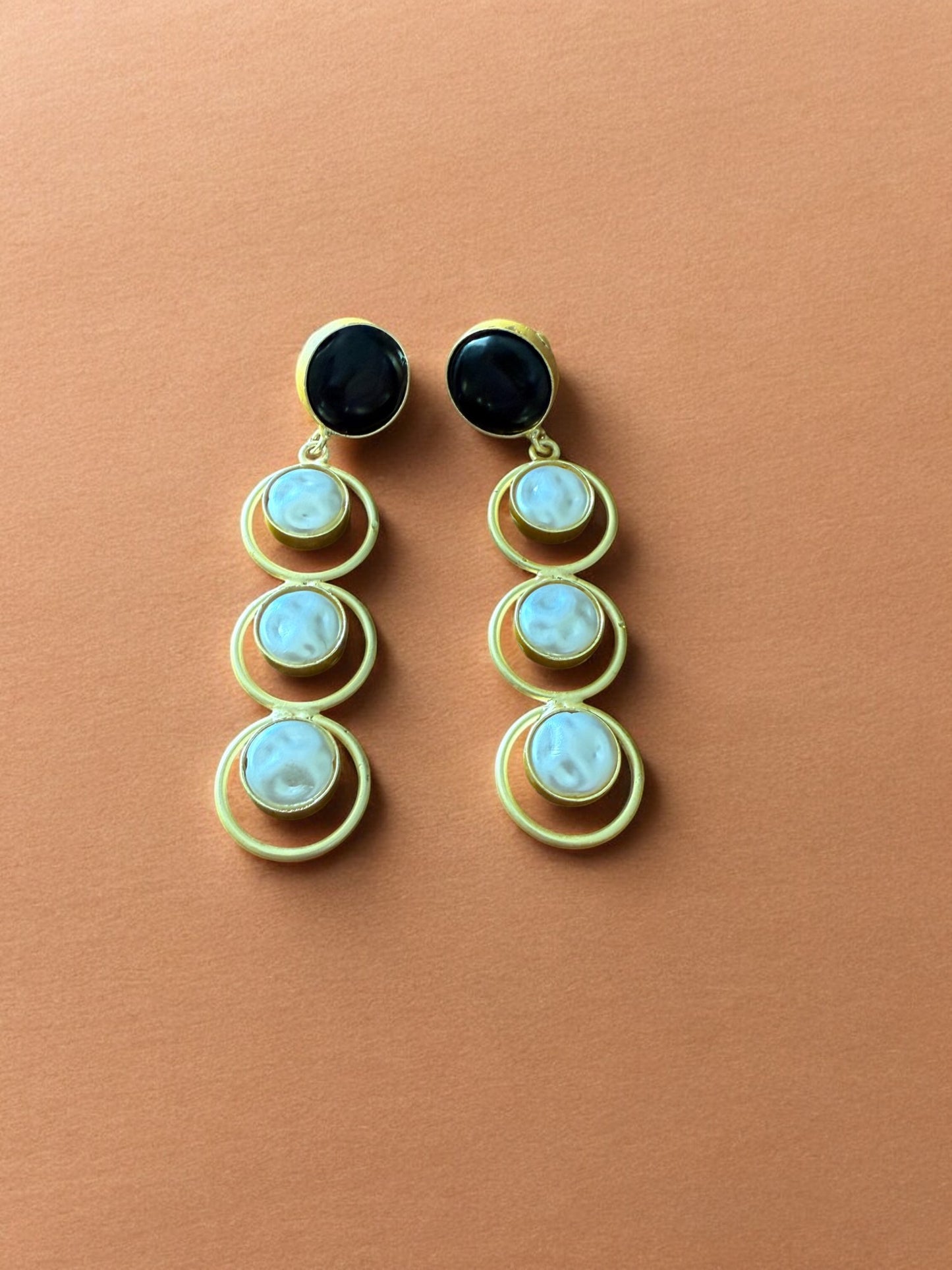 Midnight Black Halo Drop Earrings with Pearl Accents