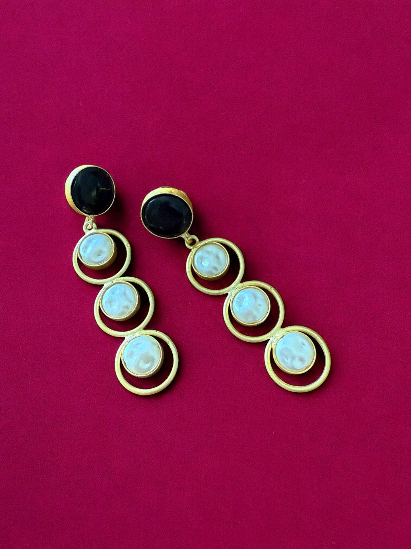 Midnight Black Halo Drop Earrings with Pearl Accents