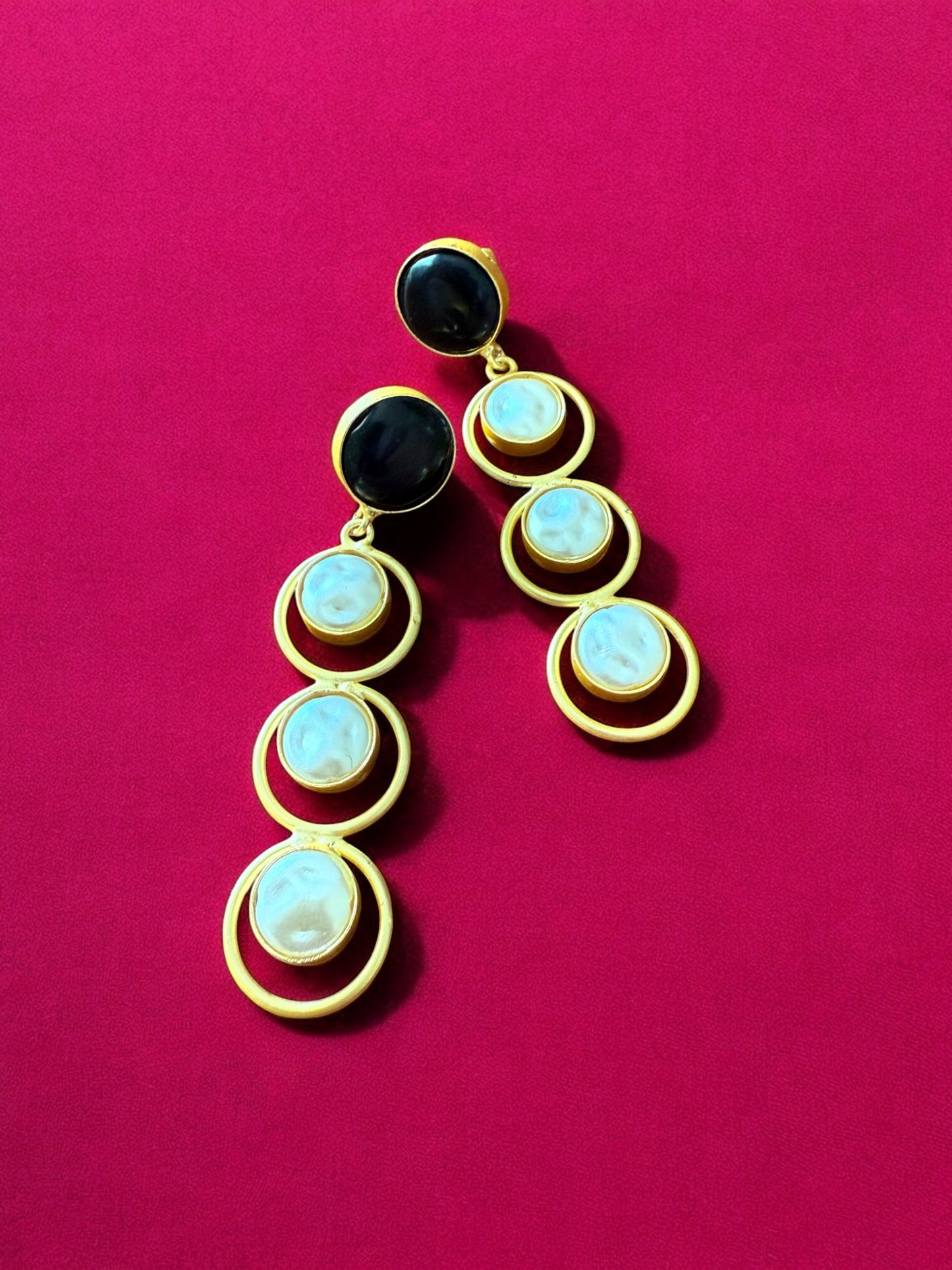 Midnight Black Halo Drop Earrings with Pearl Accents
