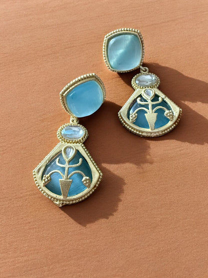 Regal Blue Drop Earrings with Moonstone and Onyx Accents