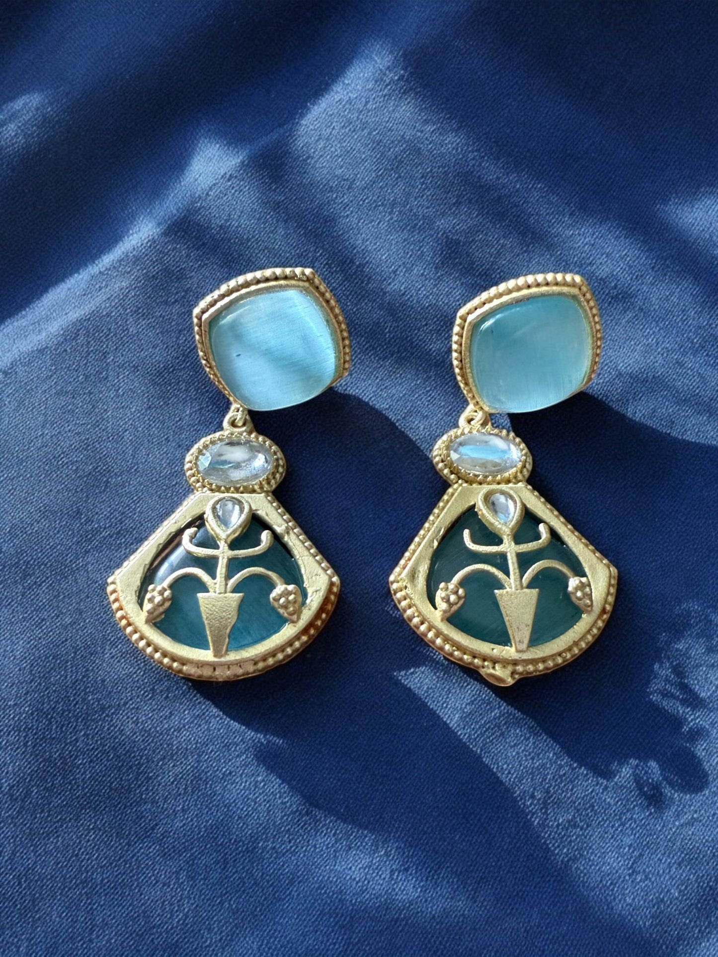 Regal Blue Drop Earrings with Moonstone and Onyx Accents