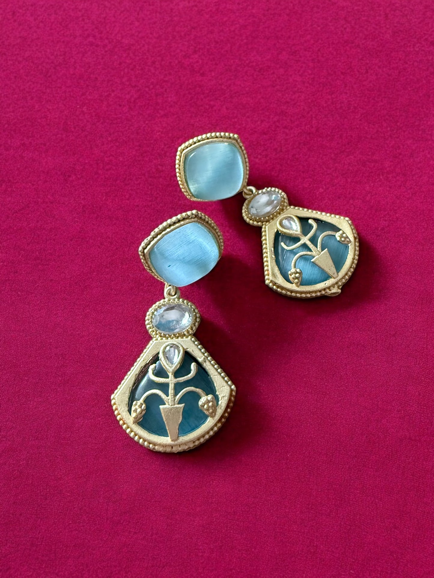 Regal Blue Drop Earrings with Moonstone and Onyx Accents
