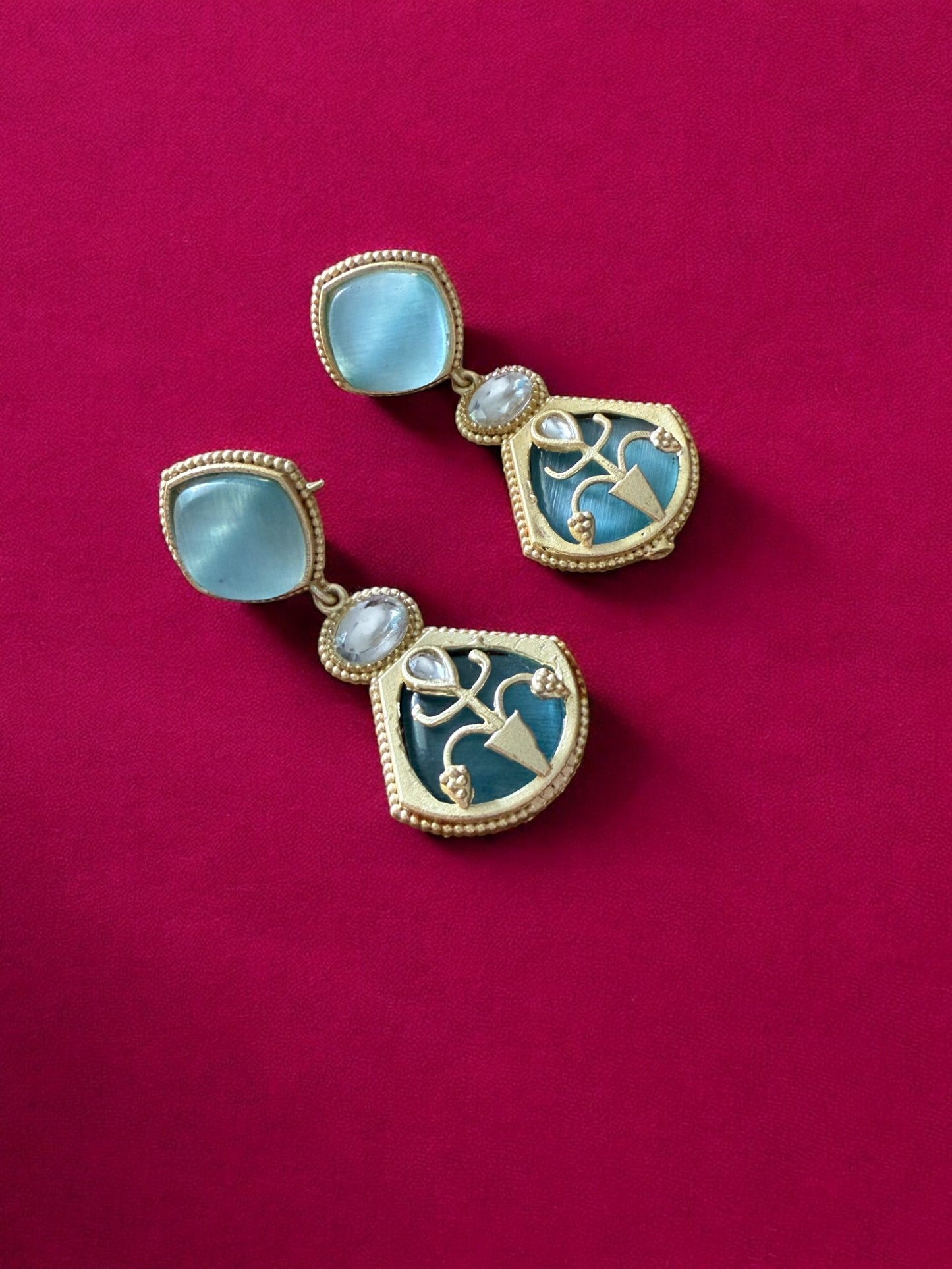 Regal Blue Drop Earrings with Moonstone and Onyx Accents