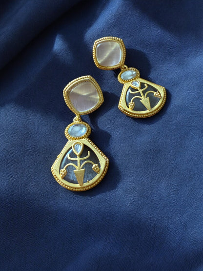 Grey Emblem Drop Earrings with Moonstone and Onyx Accents