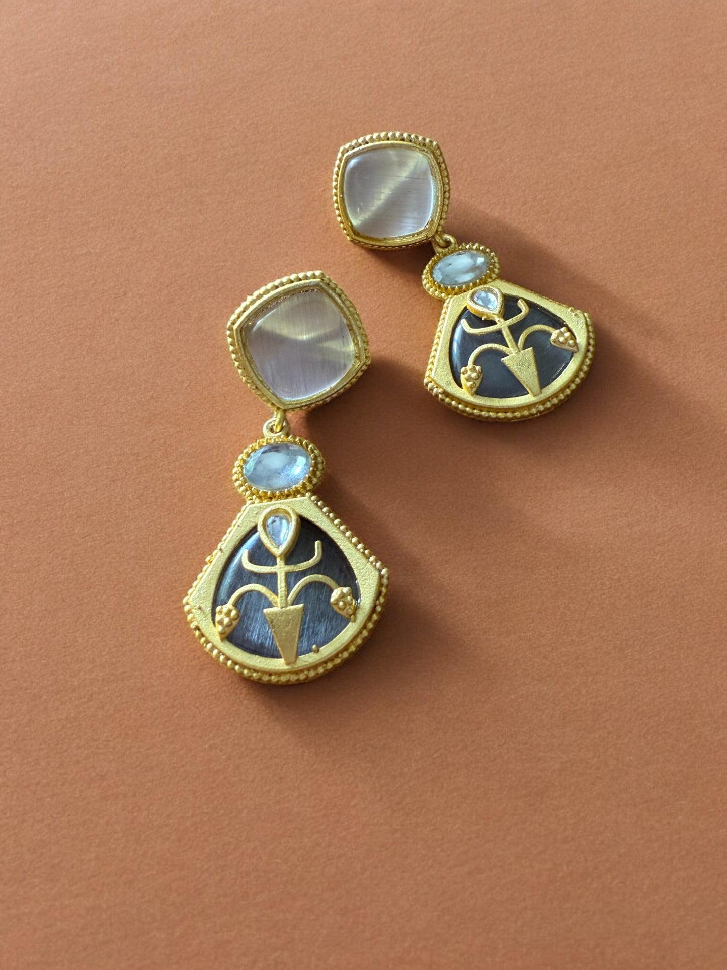 Grey Emblem Drop Earrings with Moonstone and Onyx Accents