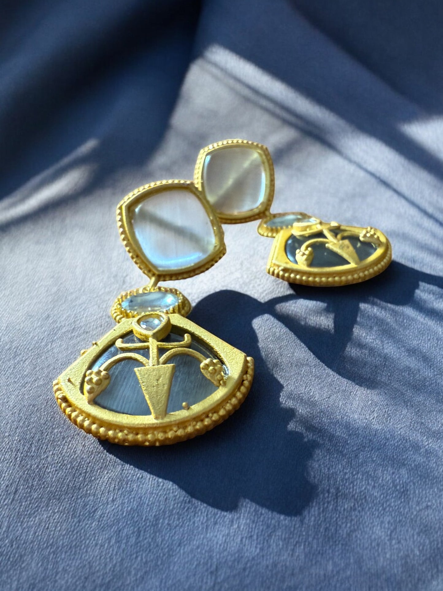 Grey Emblem Drop Earrings with Moonstone and Onyx Accents