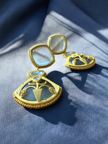 Grey Emblem Drop Earrings with Moonstone and Onyx Accents