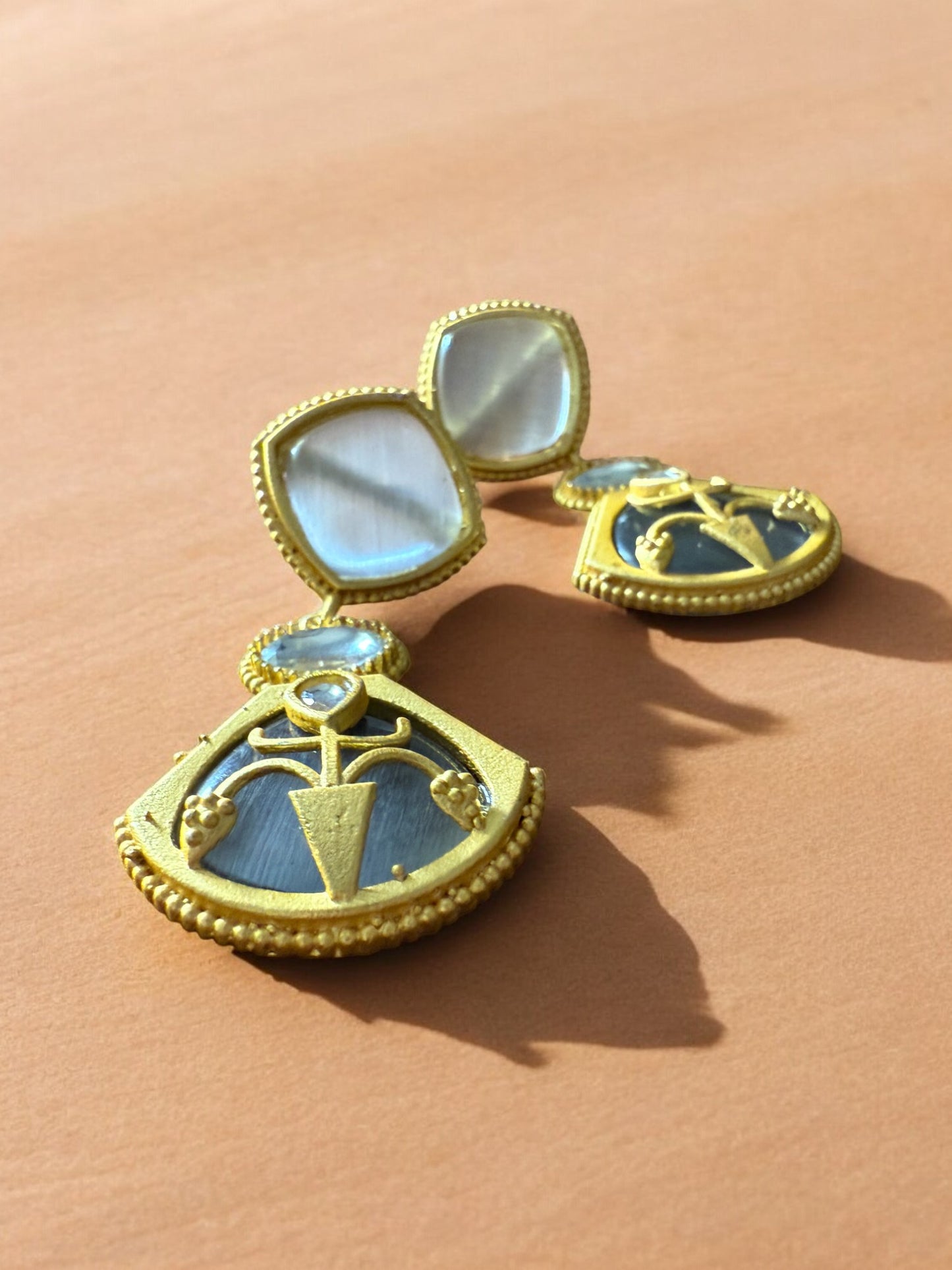 Grey Emblem Drop Earrings with Moonstone and Onyx Accents