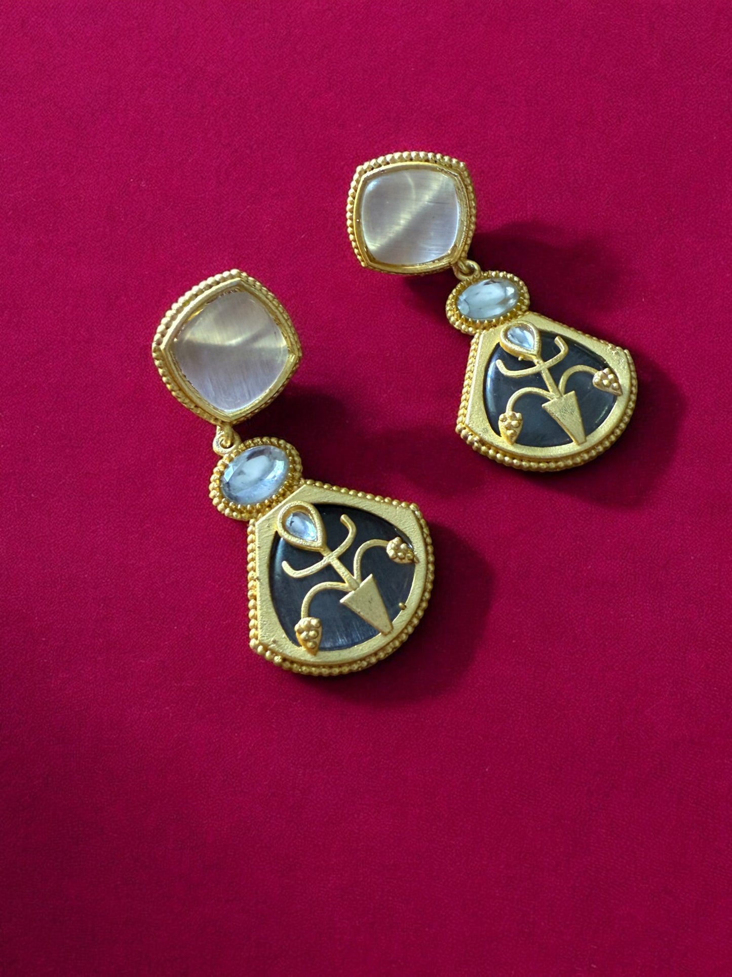 Grey Emblem Drop Earrings with Moonstone and Onyx Accents