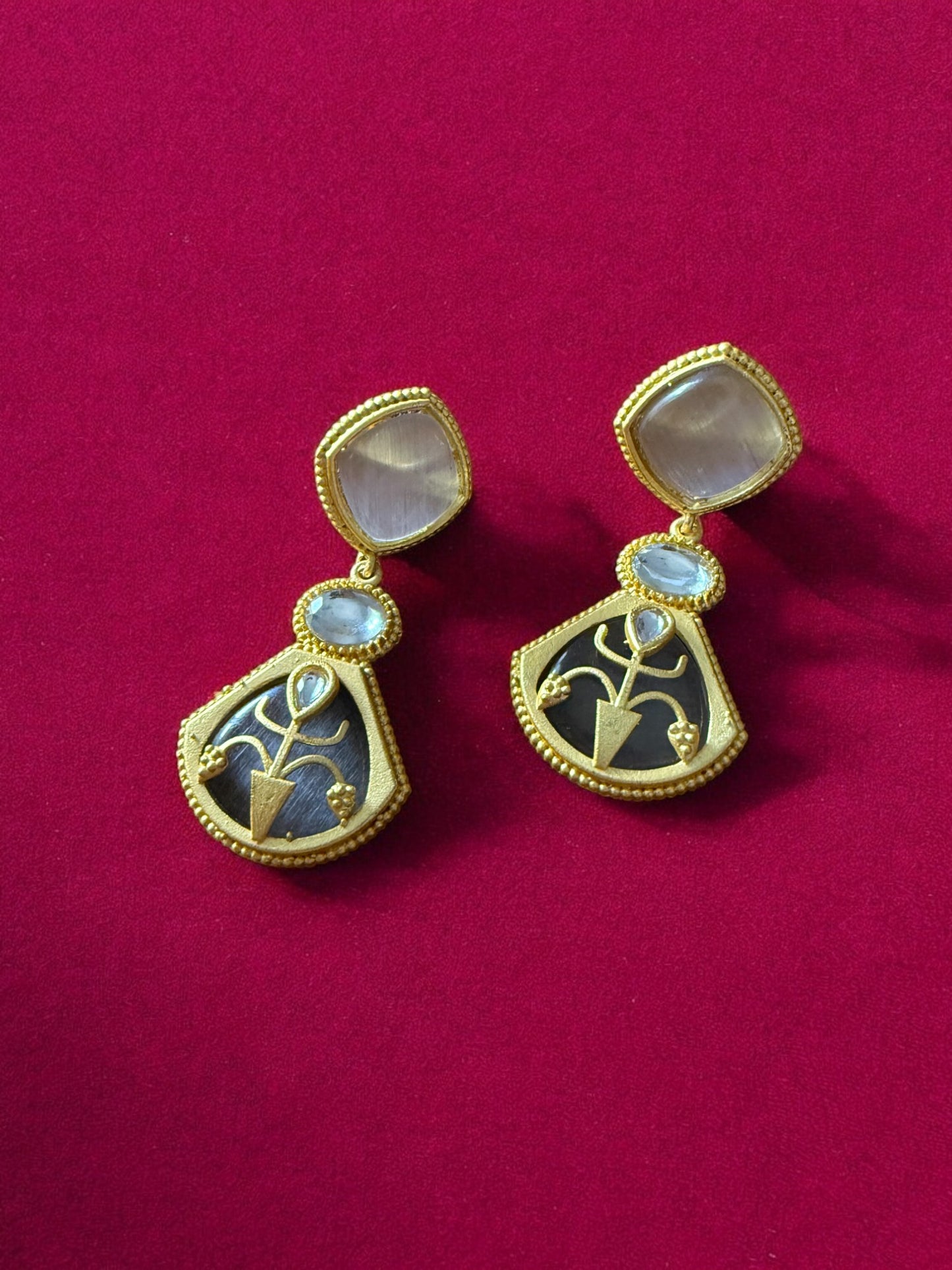 Grey Emblem Drop Earrings with Moonstone and Onyx Accents