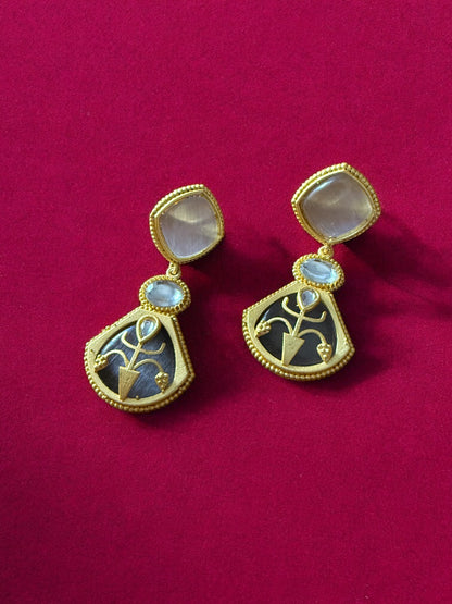 Grey Emblem Drop Earrings with Moonstone and Onyx Accents