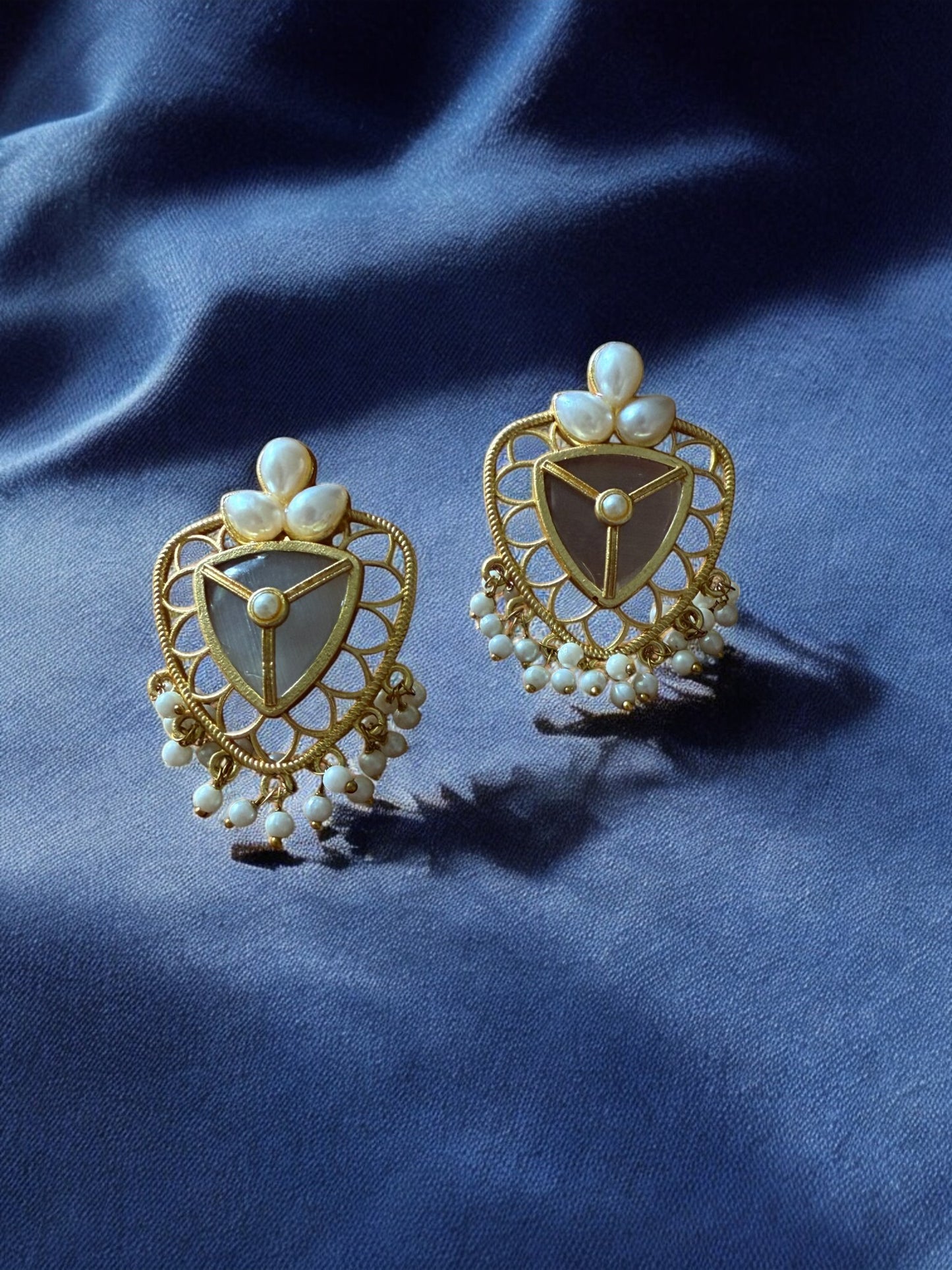 Grey Lotus Shield Earrings with Pearl Beads