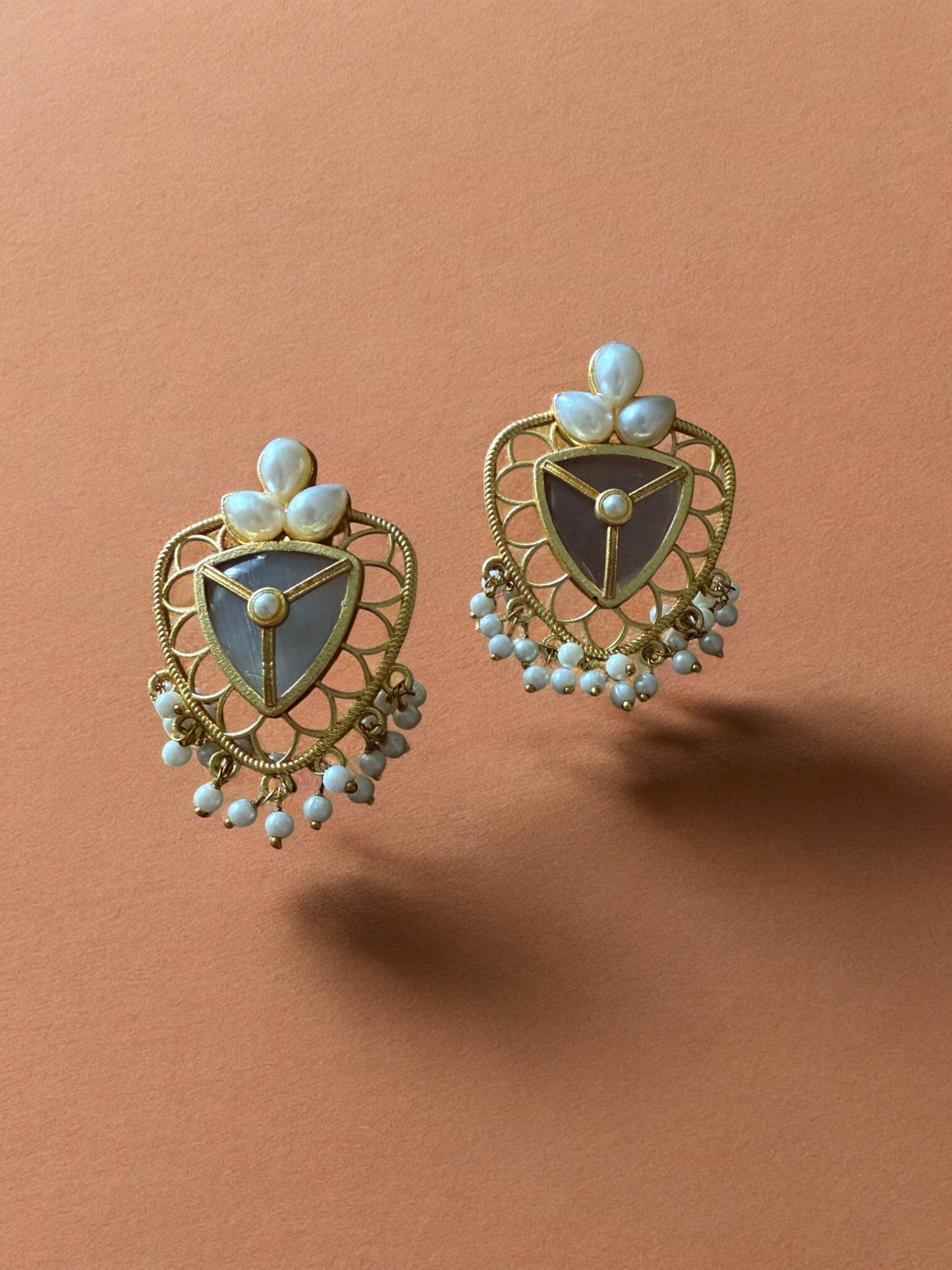 Grey Lotus Shield Earrings with Pearl Beads