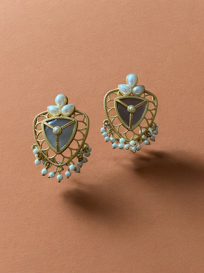 Grey Lotus Shield Earrings with Pearl Beads