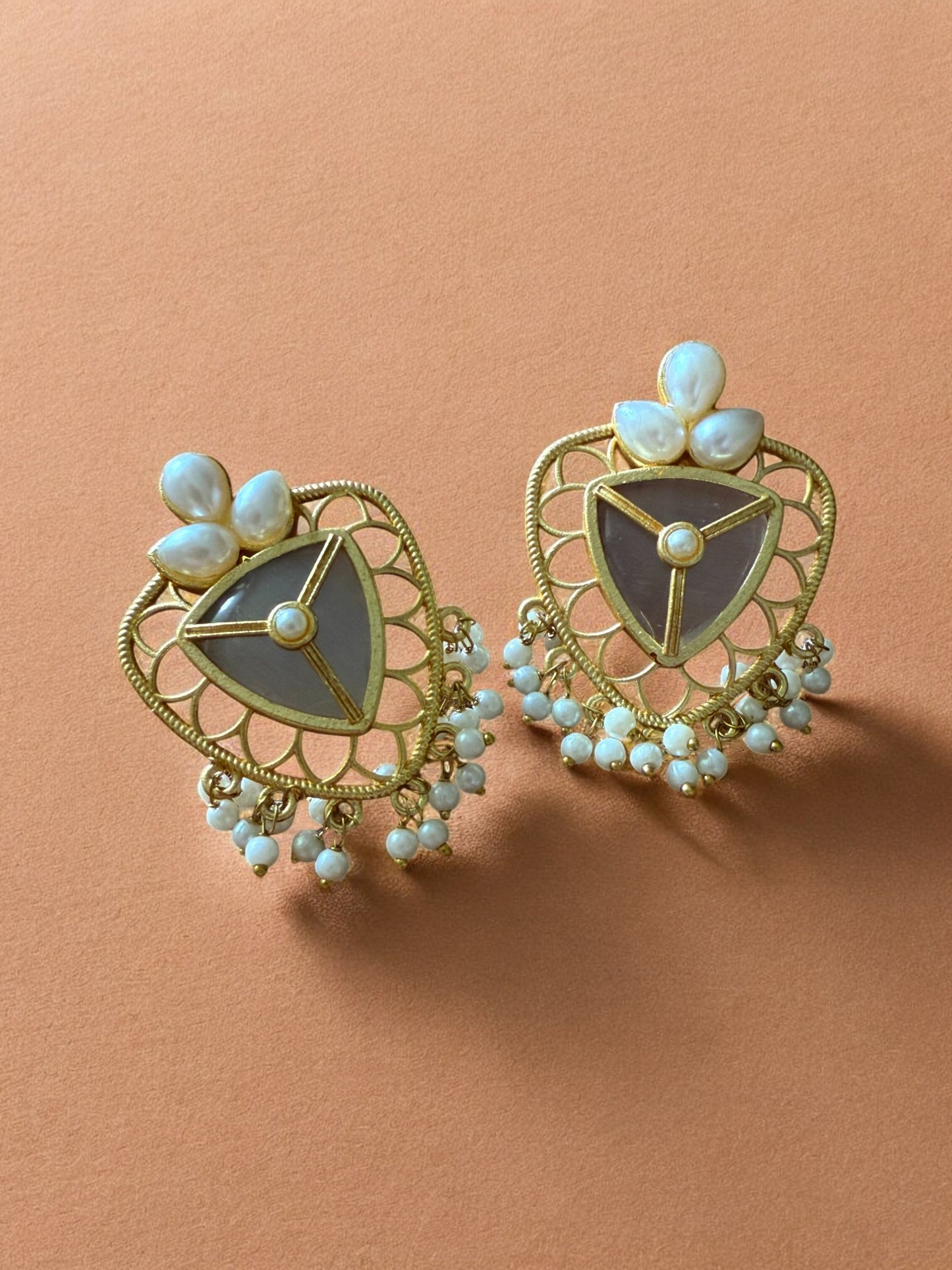 Grey Lotus Shield Earrings with Pearl Beads
