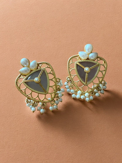 Grey Lotus Shield Earrings with Pearl Beads